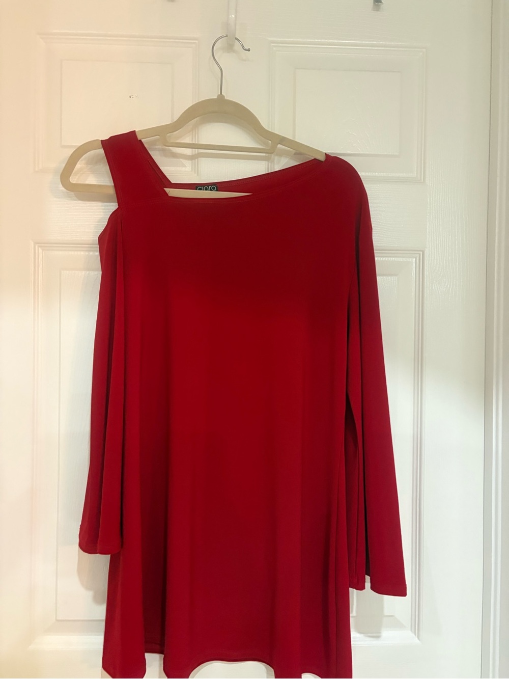 Clara Sun Woo Red Asymmetric One-Shoulder Bell / Flared Sleeve Top— Medium.